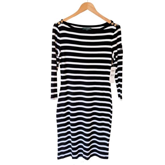 NWT LAUREN Ralph Lauren Striped Dress Size Medium Black & White Preppy Nautical - Picture 7 of 10